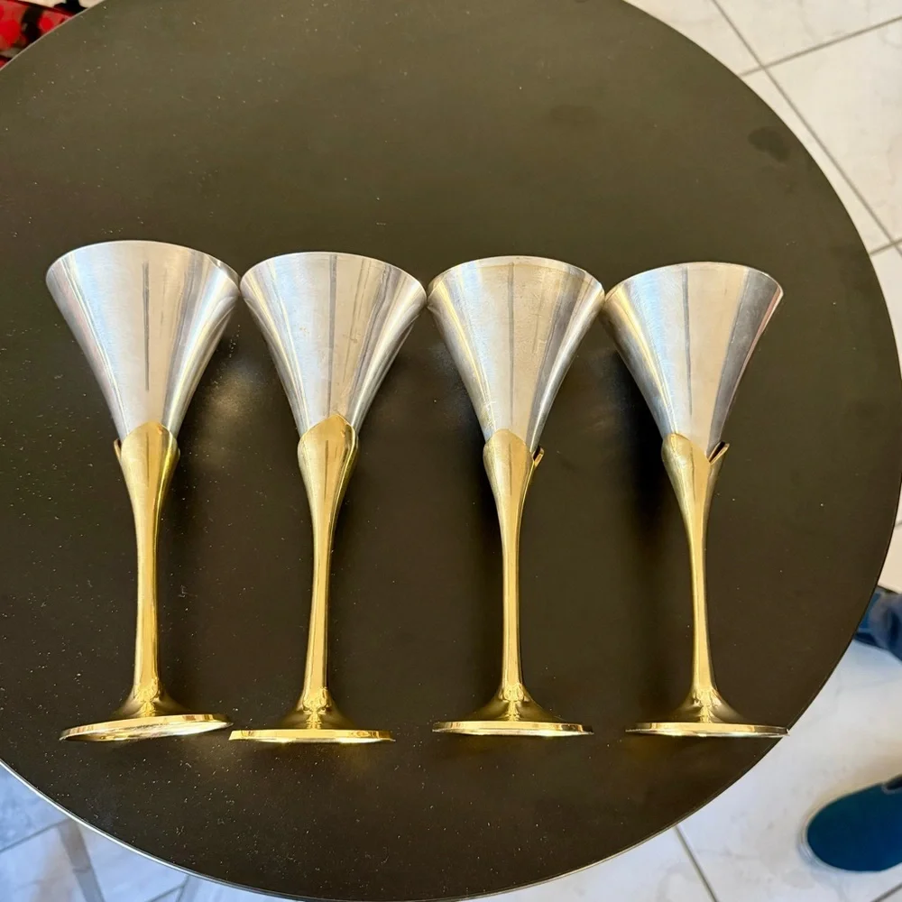4 Wine goblets Silver Plate, brass stems. Vintage sculptural mid century modern